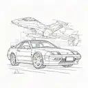 A sketch of a Honda Prelude with 80s neon lights and futuristic elements, combining the client's favorite car and era tattoo design idea