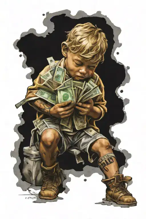 golden child with money around it tattoo design idea