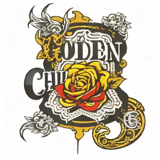 word "golden child" with money bags around  tattoo design idea
