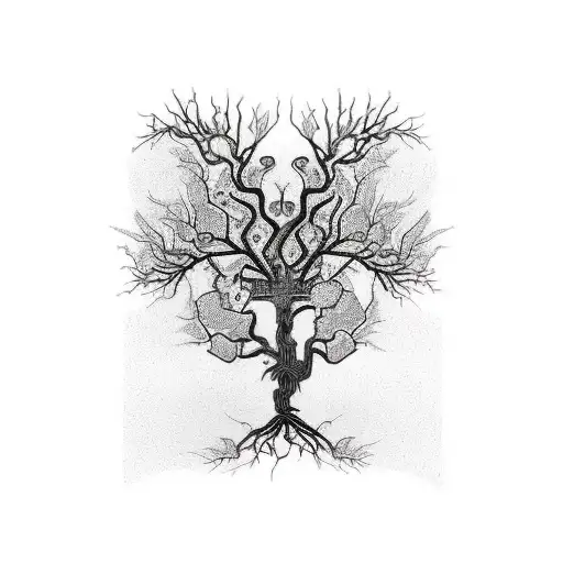 An intricate black and white shoulder tattoo featuring a majestic P&ID Schematic tree with gas pipes as branches. The tr tattoo design idea