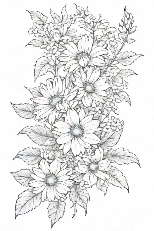 bouquet of one chrysanthemum, one daisy, one honeysuckle, one mistletoe, and one morning glory tattoo design idea