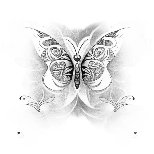 tribal butterfly with blue and purple roses tattoo design idea