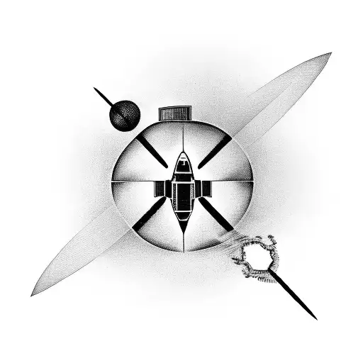 A blackwork tattoo featuring a vintage computer transforming into a spaceship near a black hole tattoo design idea