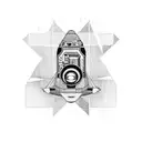 A blackwork tattoo featuring a vintage computer transforming into a spaceship near a black hole tattoo design idea