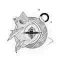 A blackwork tattoo featuring a vintage computer transforming into a spaceship near a black hole tattoo design idea