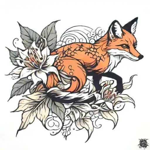 Fox and spider lily flower tattoo design idea