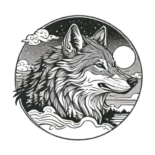 A Wolf howling at the moon silhouette filled sky reflected tattoo design idea