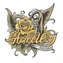 Cursive name "harley" with roses surrounding the name  tattoo design idea