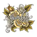 Cursive name "harley" with roses surrounding the name  tattoo design idea