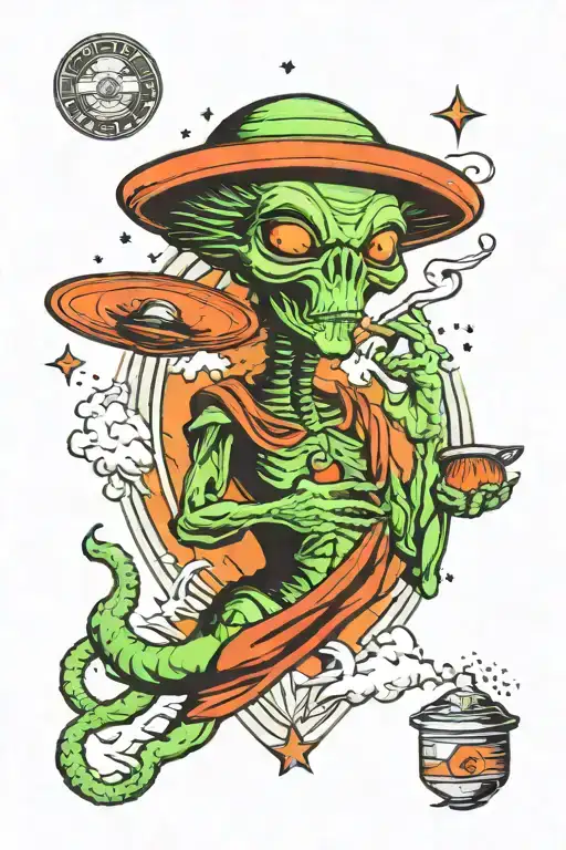 Alien smoking weed and ufo tattoo design idea