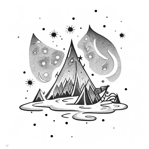 A mesmerizing night sky filled with stars, with a bonfire illuminating the foreground tattoo design idea