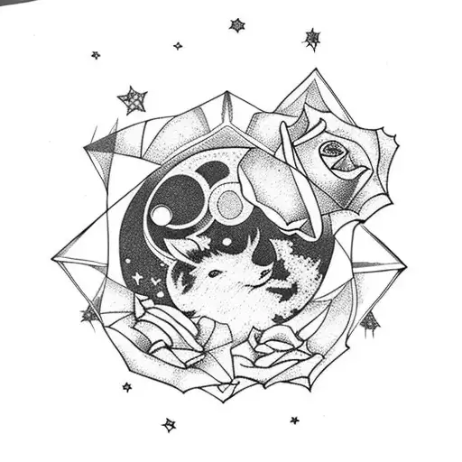 Geometric "Moon, Rose, Hourglass, Stars, Tambourine" Tattoo Idea BlackInk AI