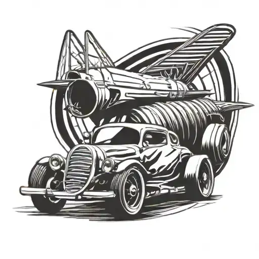 A cricket ball morphing into a F1 car speeding down a racetrack tattoo design idea