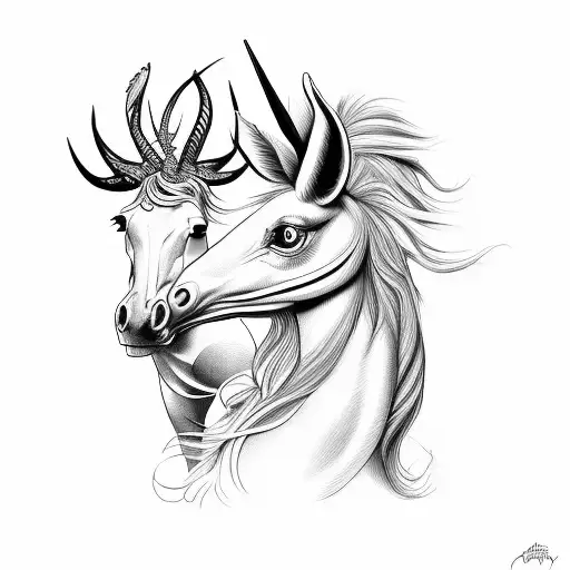 fusión de caballo y gallo tattoo design idea