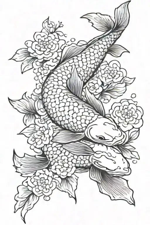 koi fish with small blue flowers surrounding half sleeve japanese tattoo design idea
