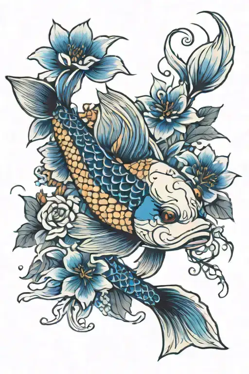 japanese koi fish blue flowers wrapping   tattoo design idea