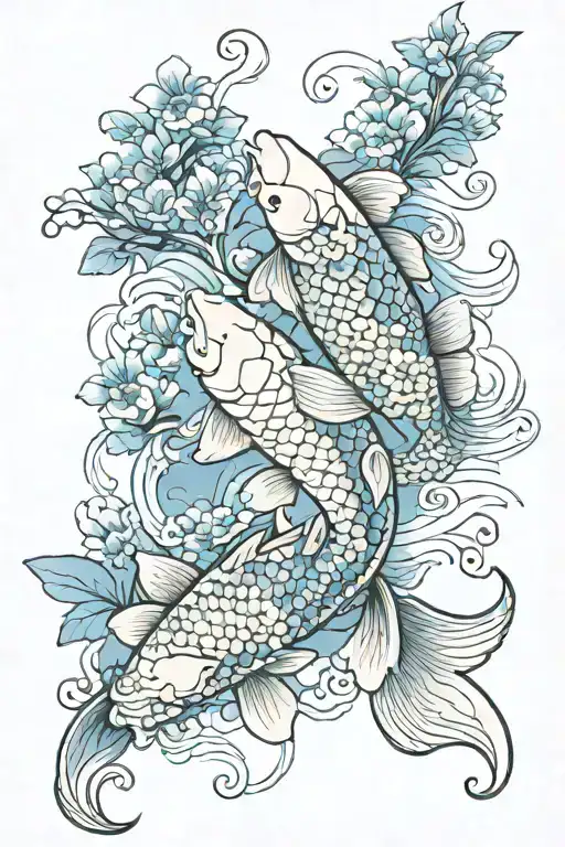 koi fish with blue flowers surrounding and wrapping half sleeve japanese tattoo design idea