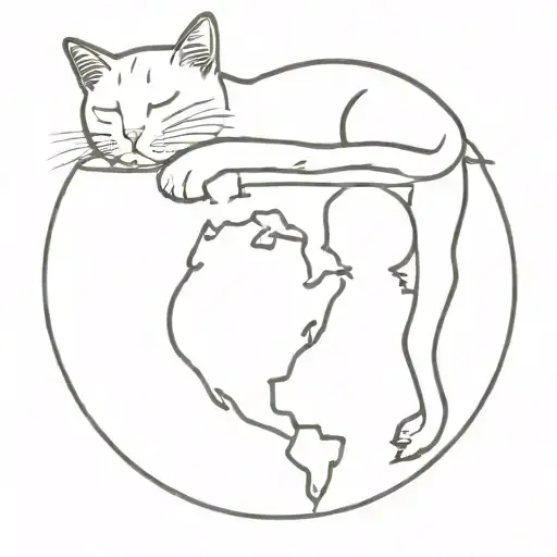 A minimalist tattoo of a cat sleeping on top of a globe, symbolizing your love for travel and cats tattoo design idea