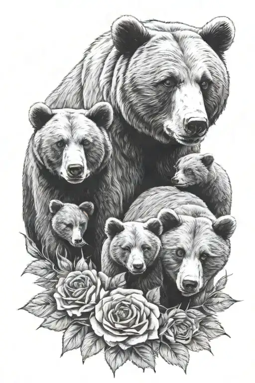 Momma bear with 3 cubs surrounded by roses and sunflowers tattoo design idea