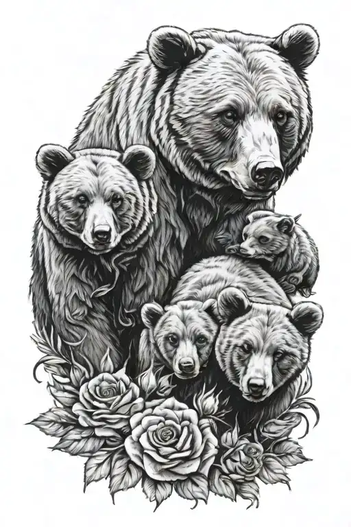 Momma bear with 3 cubs surrounded by roses and sunflowers tattoo design idea