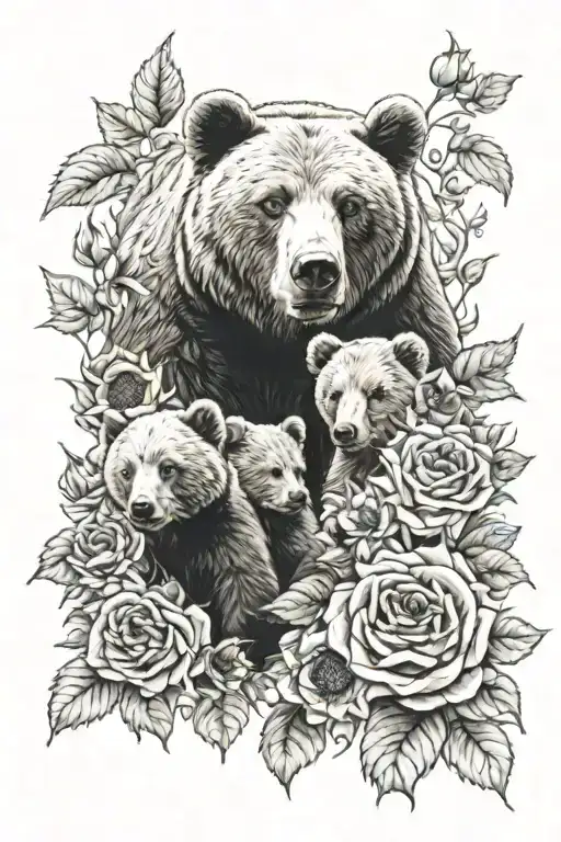momma bear with 3 cubs surrounded by roses and sunflowers  tattoo design idea