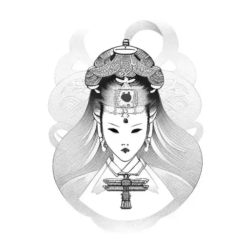 A blackwork tattoo of a Japanese geisha wearing an Ankh necklace tattoo design idea