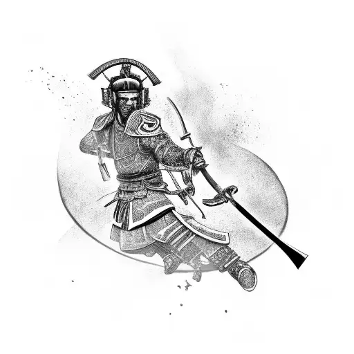 A black and grey tattoo of a samurai wielding an Ankh tattoo design idea