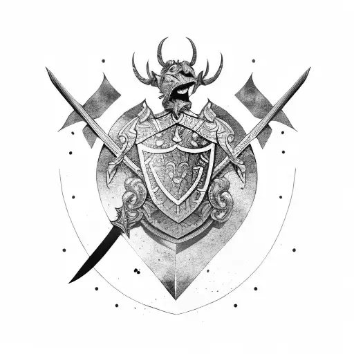 A fierce warrior holding a sword and shield in a battlefield tattoo design idea