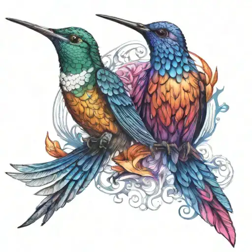hummingbird and Phoenix in colour using purple, blue, red and orange tattoo design idea