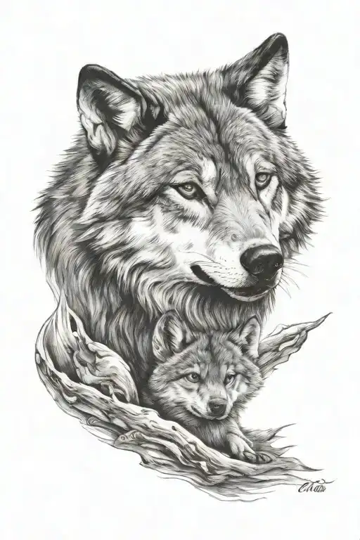 wolf and cub with name tattoo design idea
