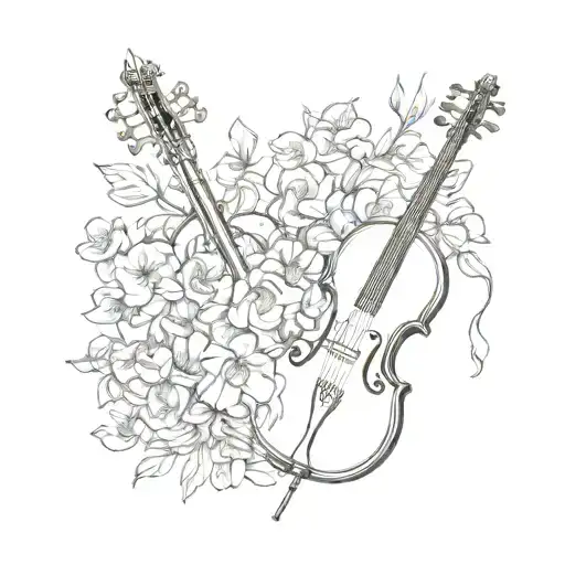 cello and flute in flowers tattoo design idea