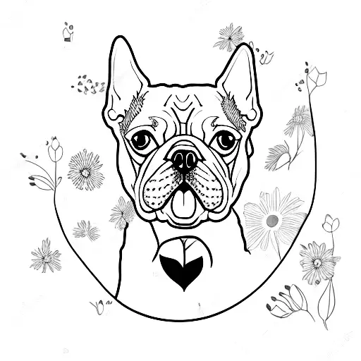 Boston terrier with wild flowers tattoo design idea