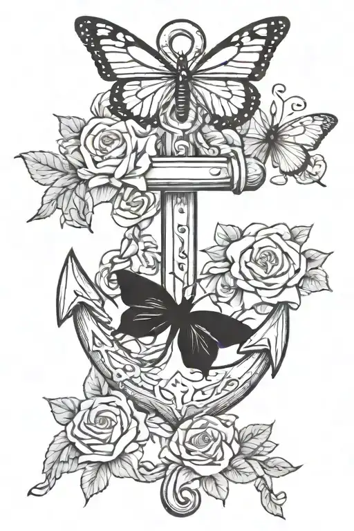 anchor with small roses intertwined and two butterflies flying tattoo design idea