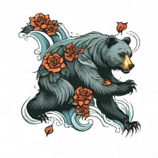 bear on a rose covered glacier tattoo design idea