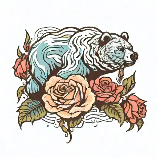 glacier and bear and rose tattoo design idea