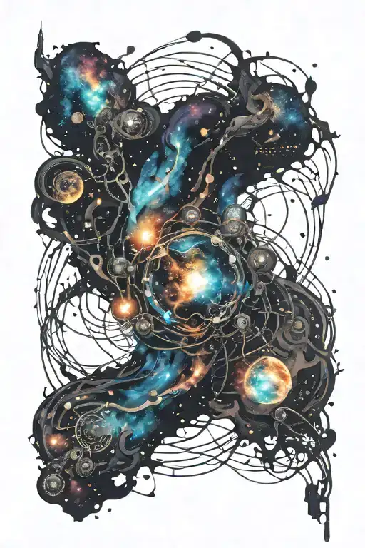 A realistic depiction of a galaxy with a hidden electrical circuit design intertwined within it tattoo design idea