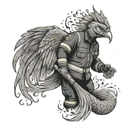 A firefighter holding a hose with a phoenix rising from the flames in the background tattoo design idea
