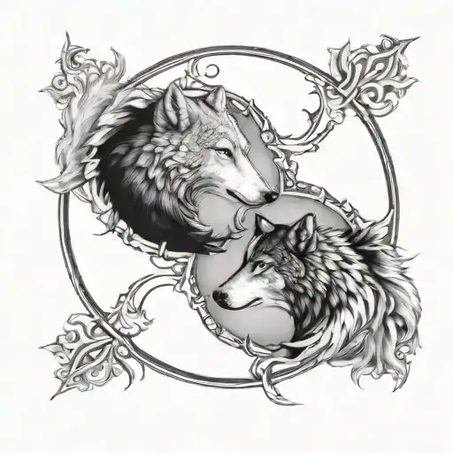 yin and yang symbol made from white and black wolfs tattoo design idea