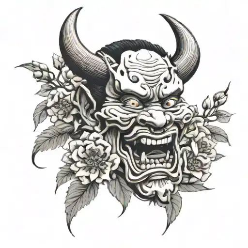hannya, knife in mouth, Japanese flowers coming tattoo design idea