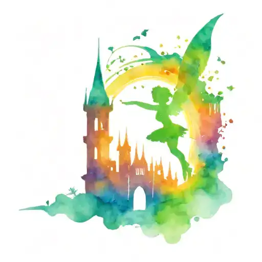 A silhouette of Tinker Bell sprinkling pixie dust over a magical castle tattoo design idea