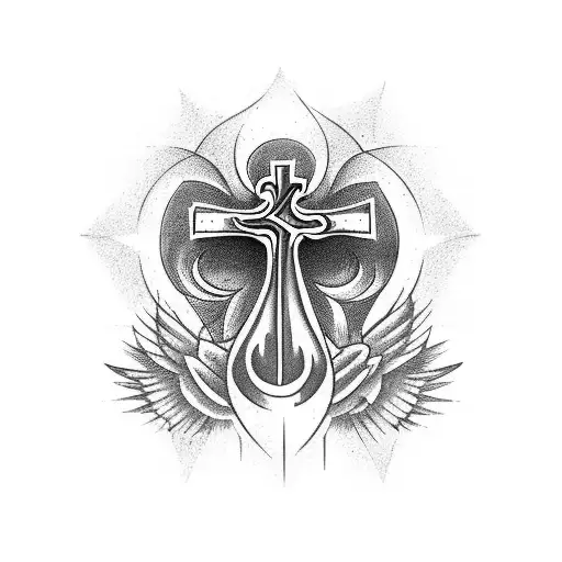 Theatre masks hiding behind a gothic cross with a raven on top tattoo design idea