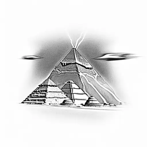 A black-grey tattoo of the Great Pyramids in the desert, with lightning bolts symbolizing the electrician's occupation tattoo design idea