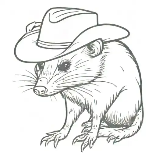 full body opossum (based on Didelphis pernigra specie) with a cowboy hat  tattoo design idea