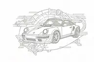 90's Porsche Turbo Emblem with 80's Porsche 911 Turbo driving through it tattoo design idea