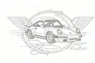 90's Porsche Turbo Emblem with 80's Porsche 911 Turbo driving through it tattoo design idea