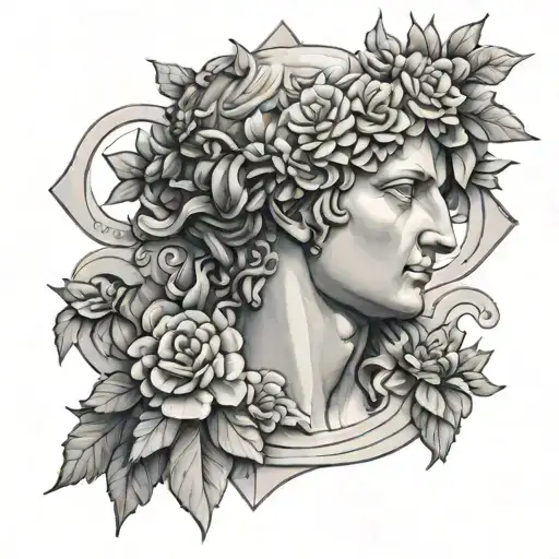 roman sculpture with flowers tattoo design idea
