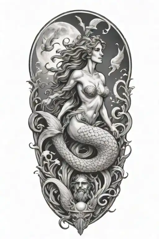 Greek mythology inspired tattoo featuring a mermaid a boat and Poseidon  tattoo design idea