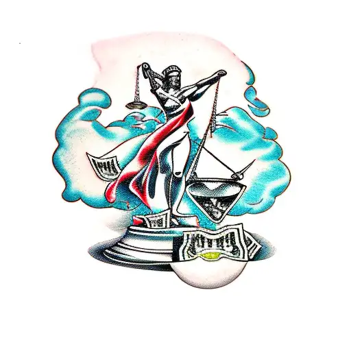 manipulated lady justice with cash tattoo design idea