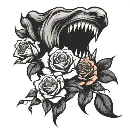 skill with long drooling tongue throwing up bloddy roses tattoo design idea