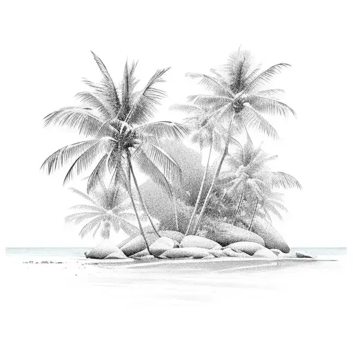A serene beach scene with palm trees and gentle waves tattoo design idea